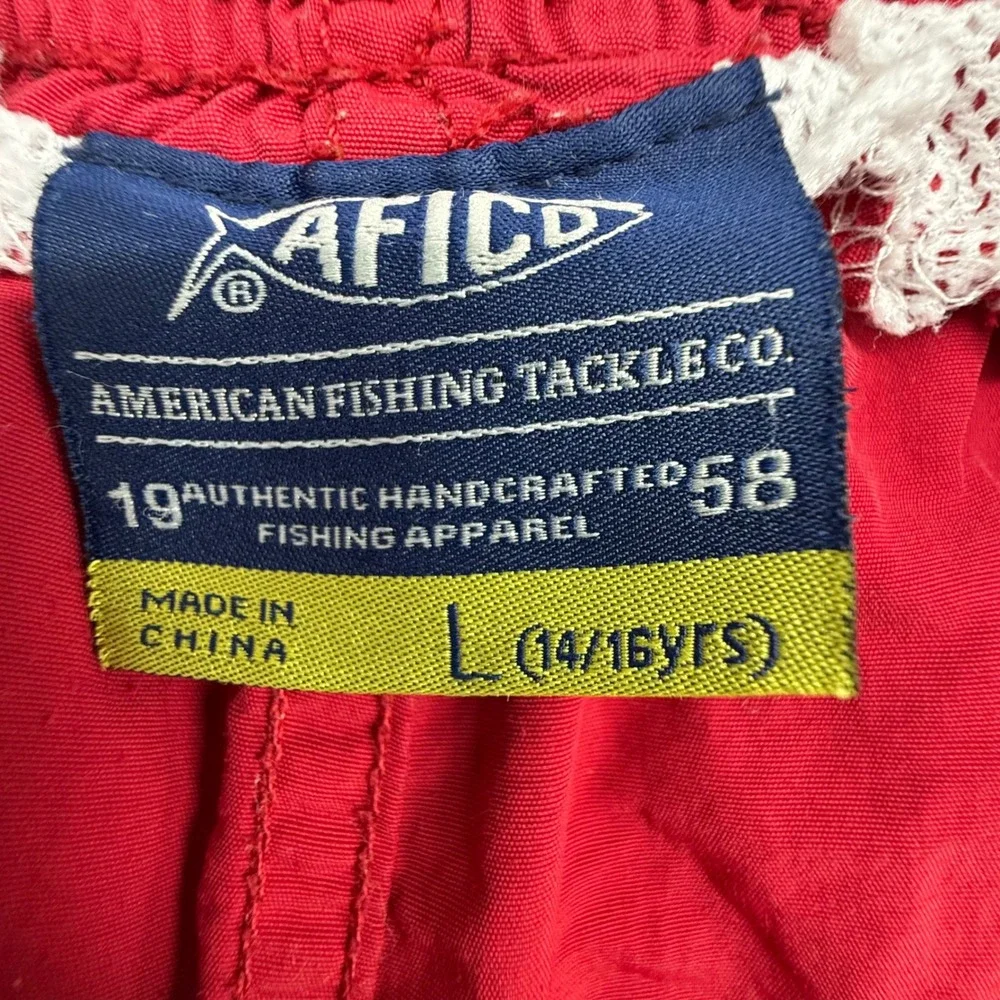 AFTCO Fishing Shorts Boys Size L 14/16 Red Excellent Nylon Drawstring Mesh Lined